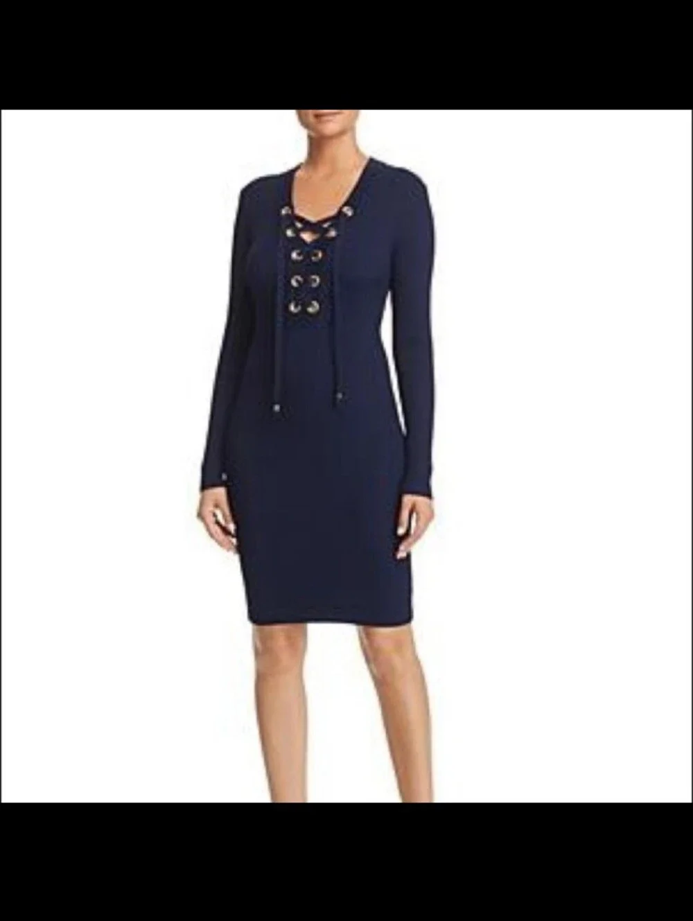 Michael Kors Ribbed Lace-Up Long Sleeve Dress Navy Size XS